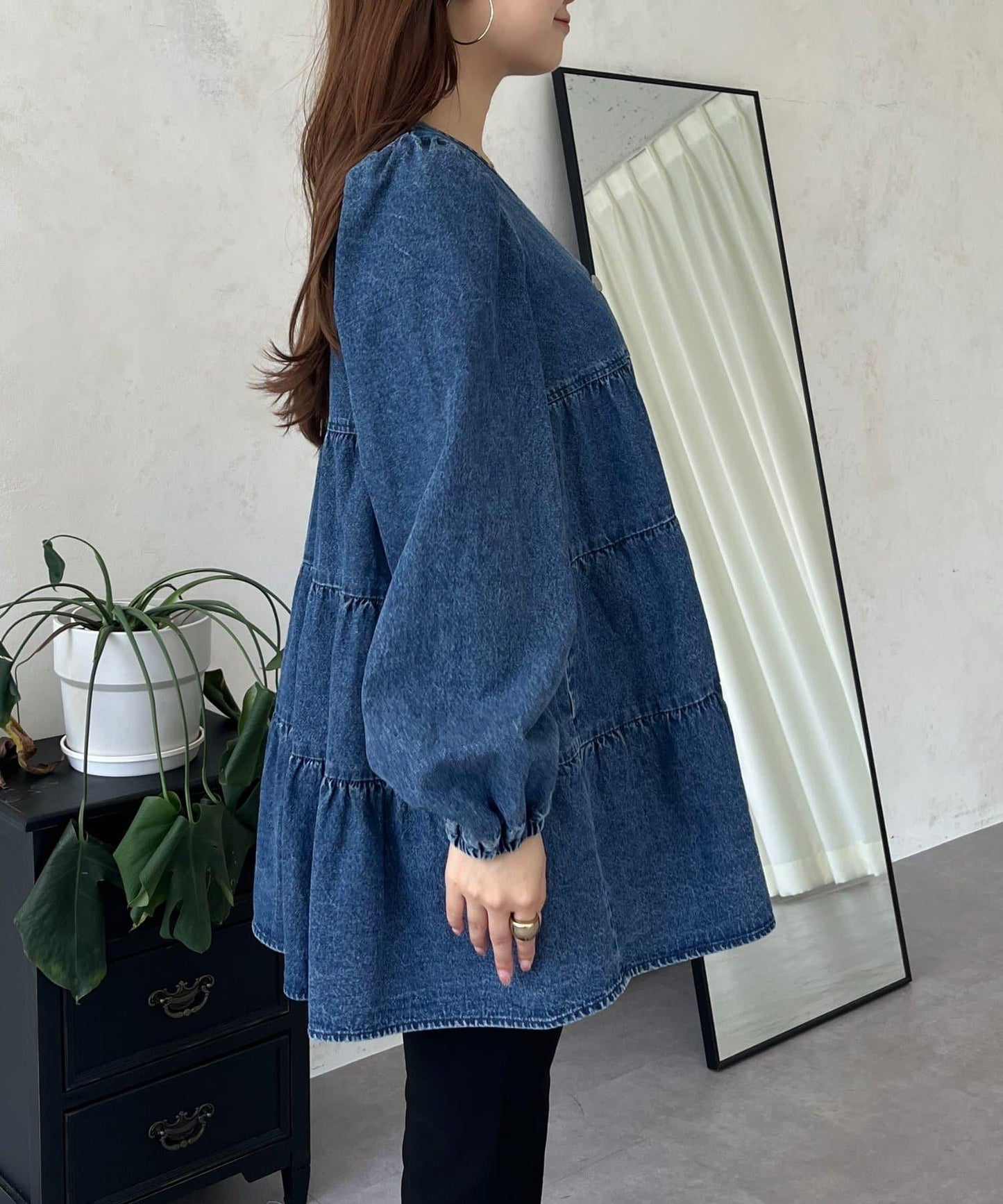 V領牛仔拼接層疊女襯衫