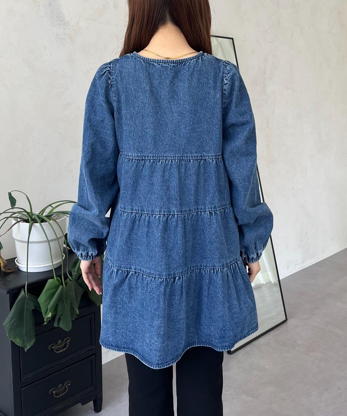 V領牛仔拼接層疊女襯衫