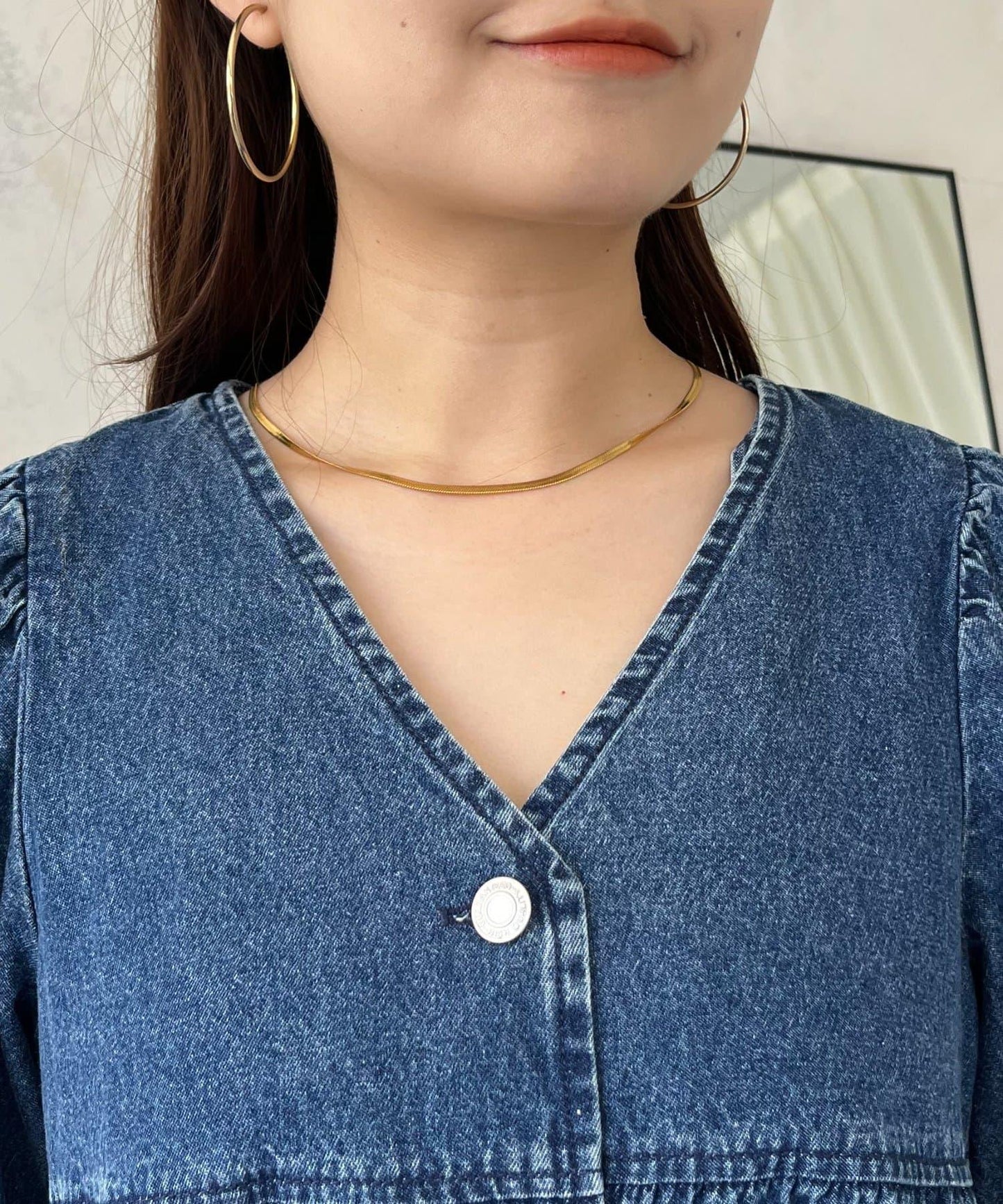 V領牛仔拼接層疊女襯衫
