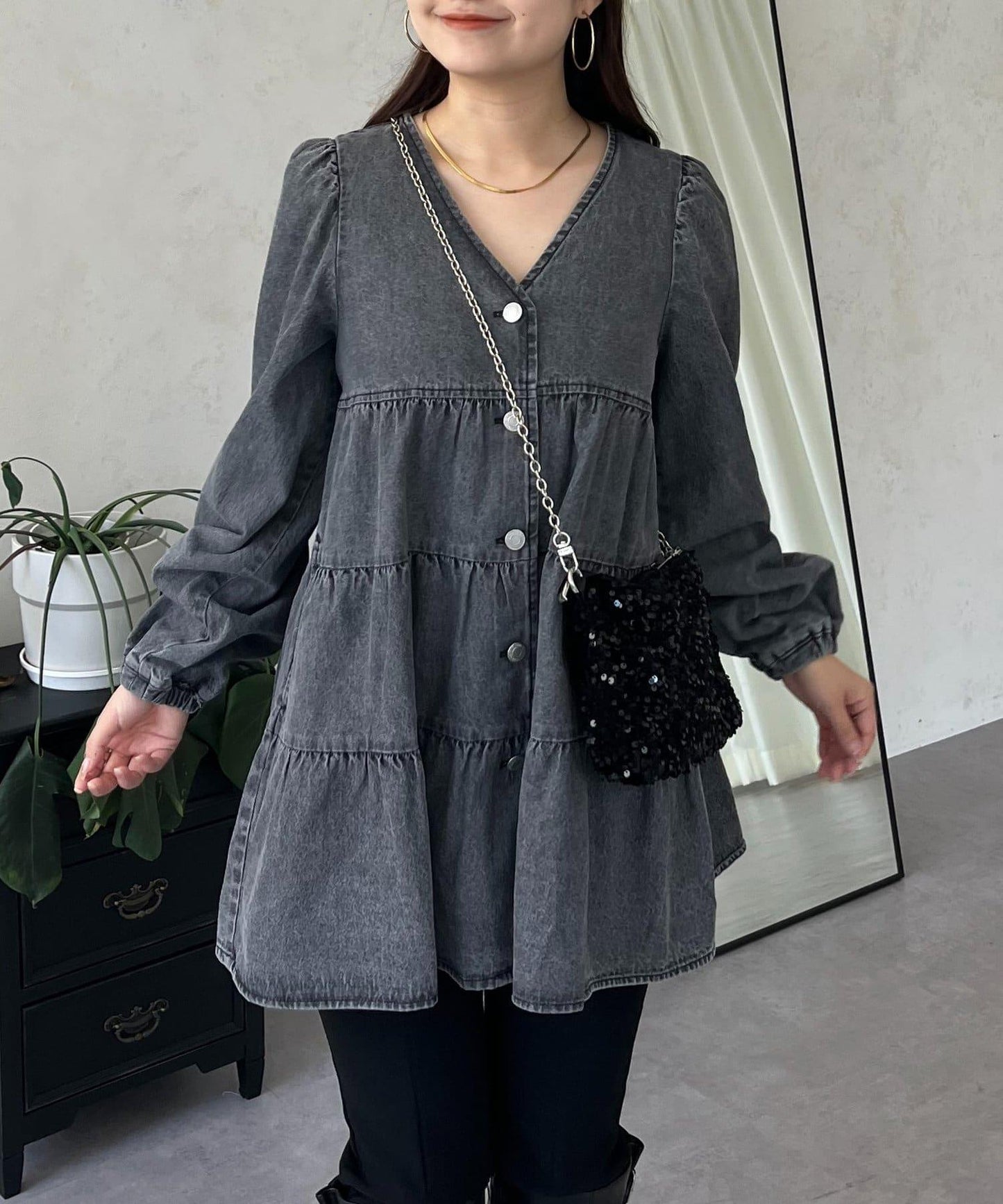 V領牛仔拼接層疊女襯衫