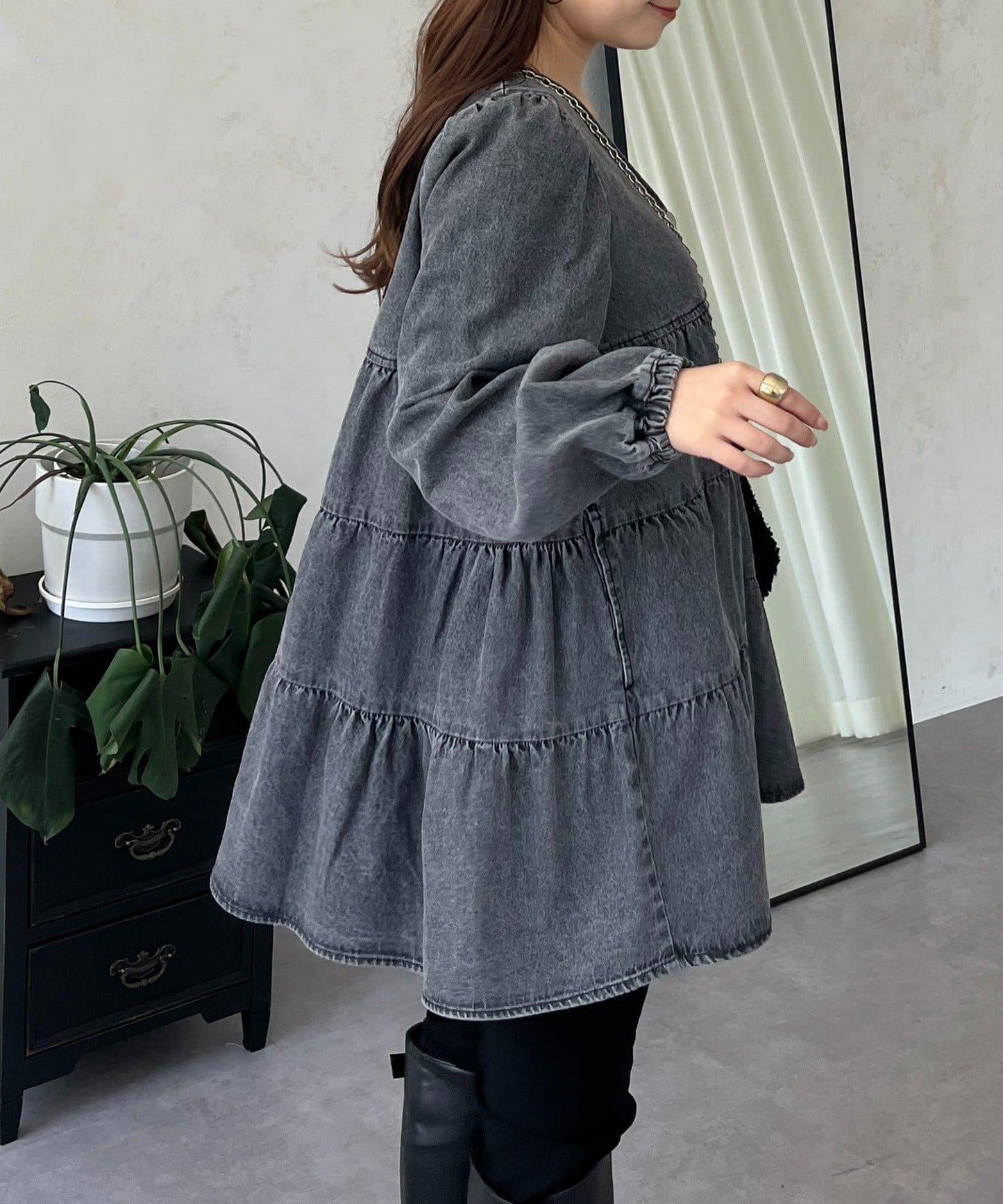 V領牛仔拼接層疊女襯衫