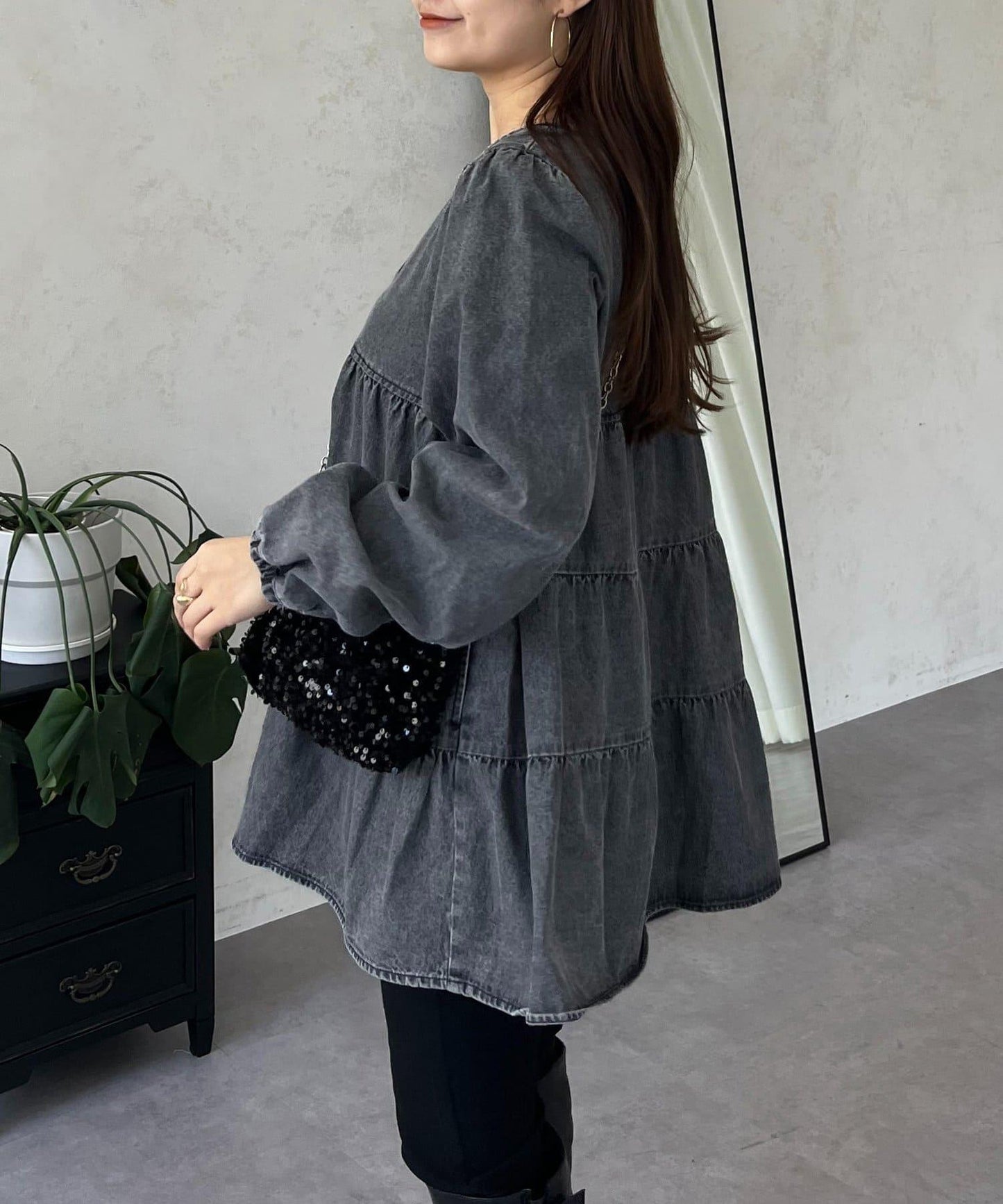 V領牛仔拼接層疊女襯衫