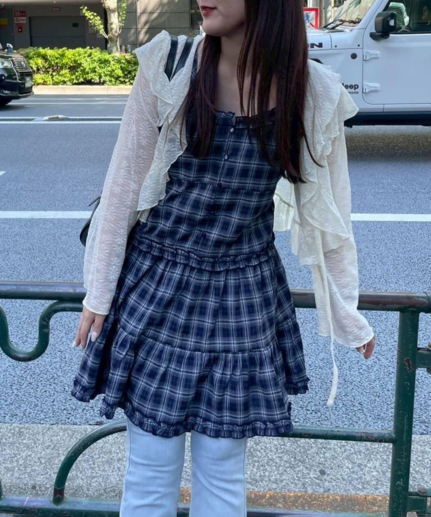 格紋層疊吊帶長款上衣