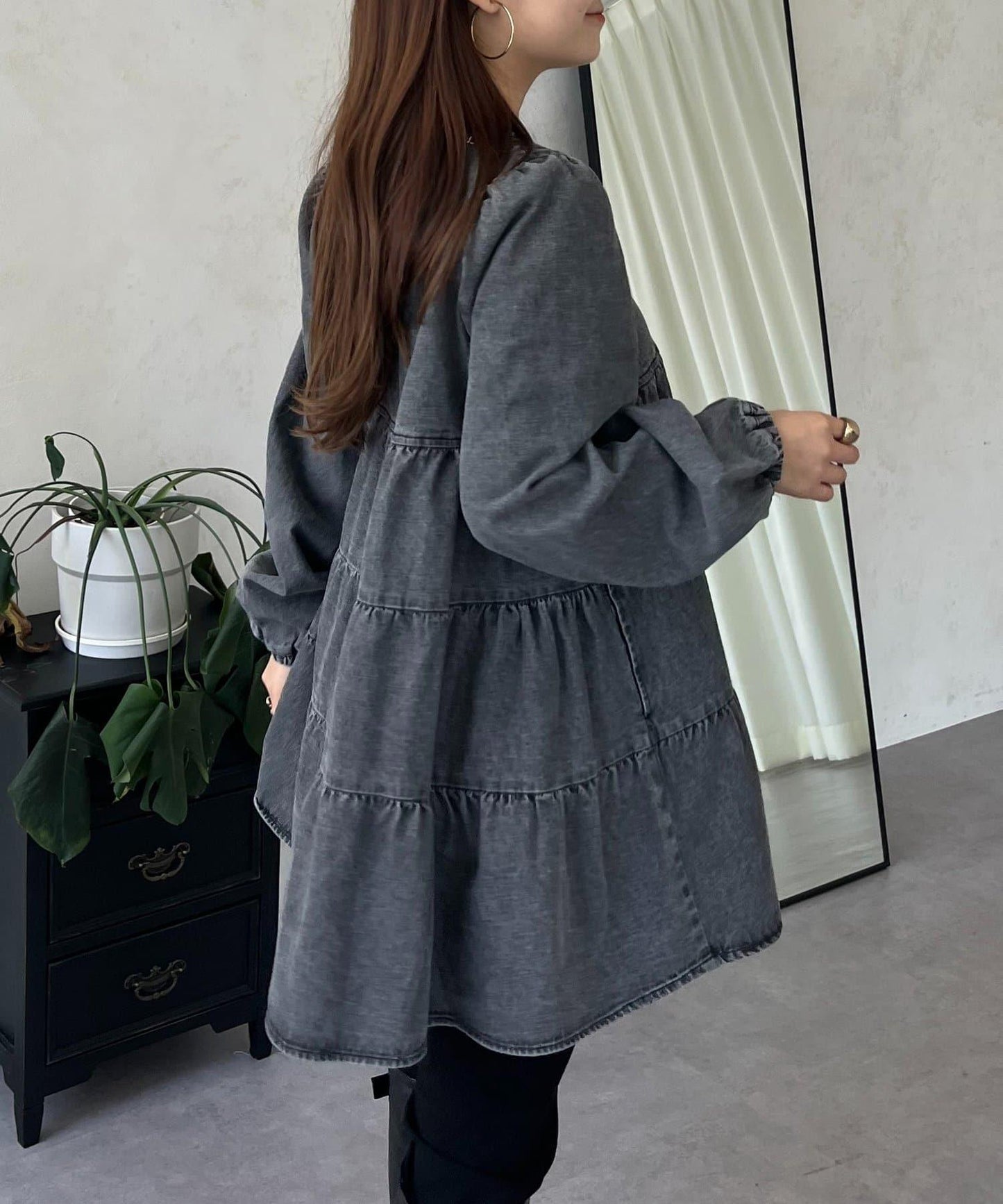 V領牛仔拼接層疊女襯衫
