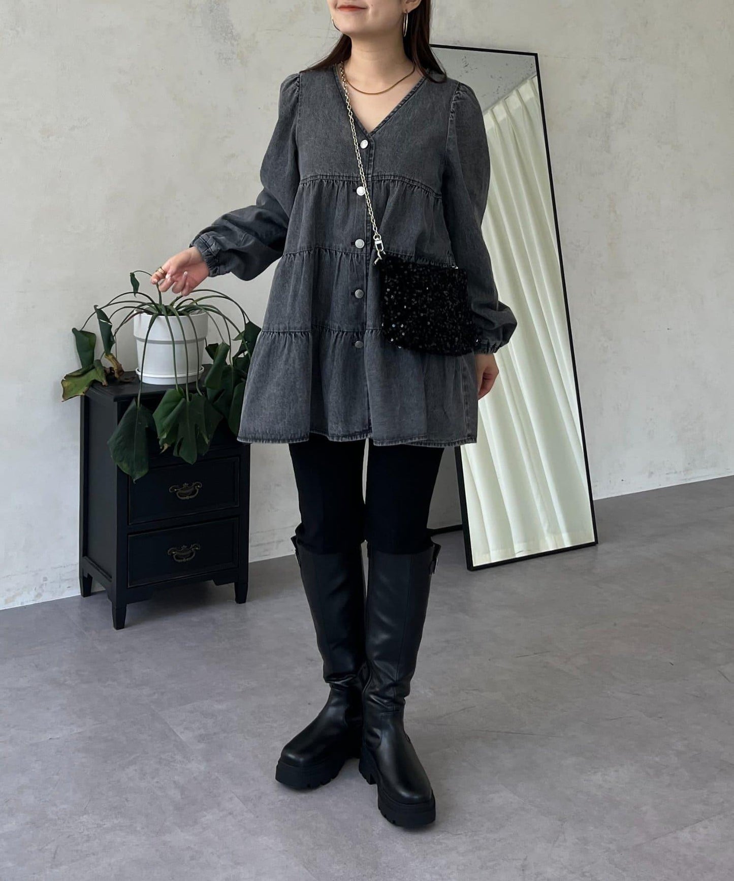 V領牛仔拼接層疊女襯衫