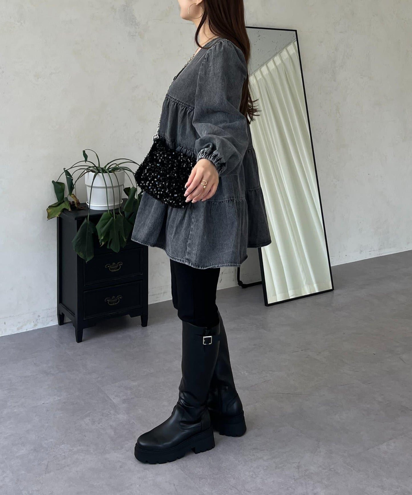 V領牛仔拼接層疊女襯衫