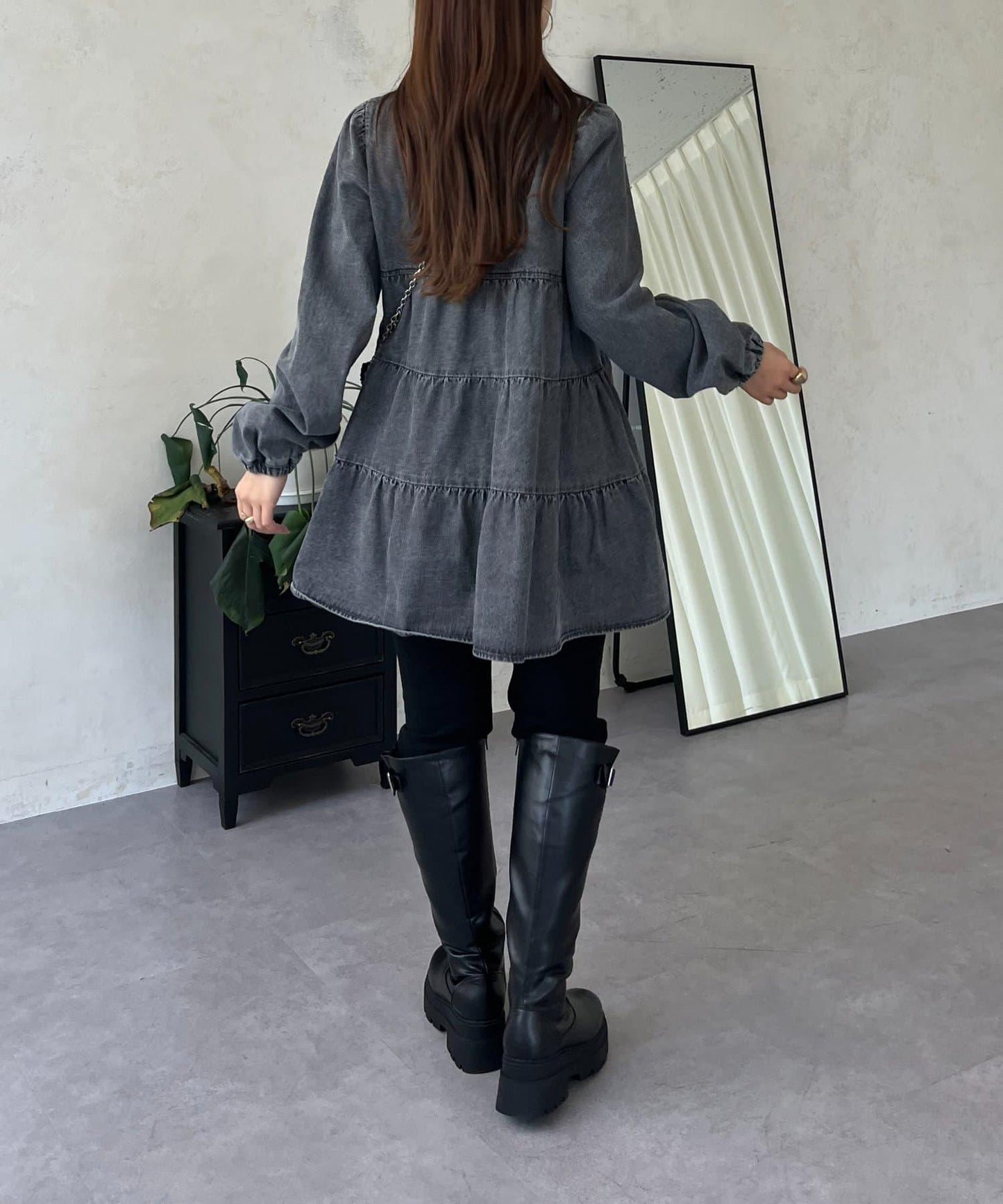V領牛仔拼接層疊女襯衫