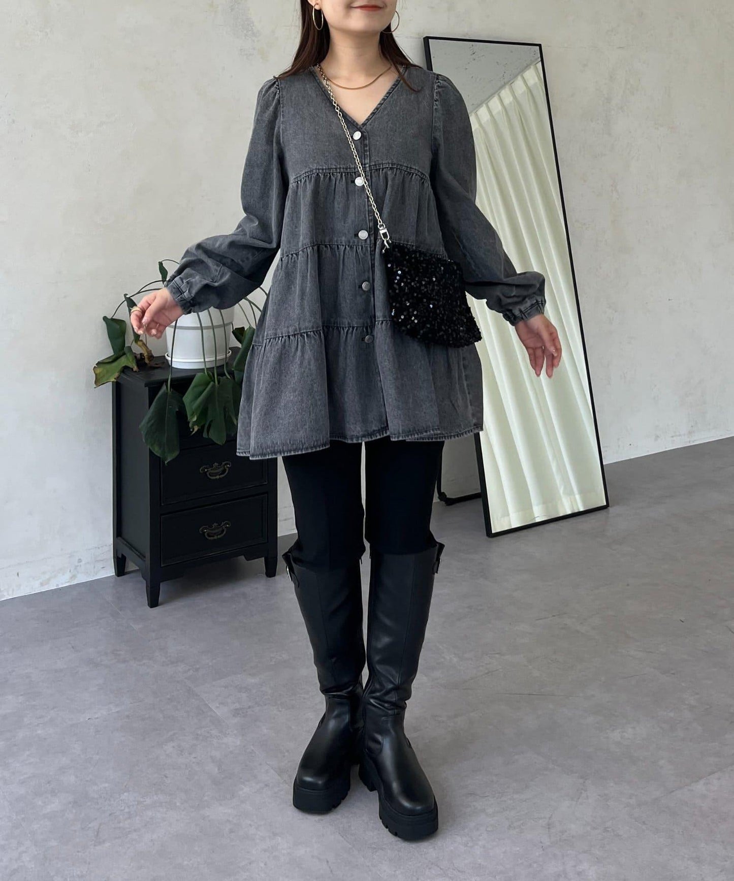 V領牛仔拼接層疊女襯衫