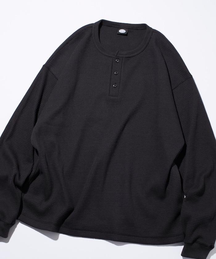 寬鬆版型長袖華夫格保暖亨利領長袖T恤