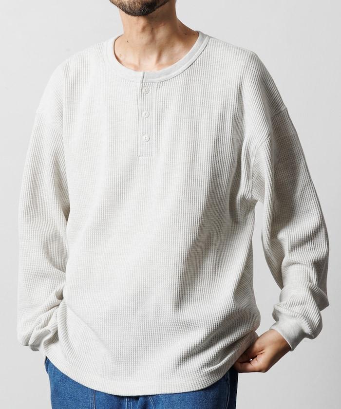 寬鬆版型長袖華夫格保暖亨利領長袖T恤