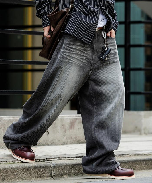 復古水洗燈芯絨寬鬆直筒褲