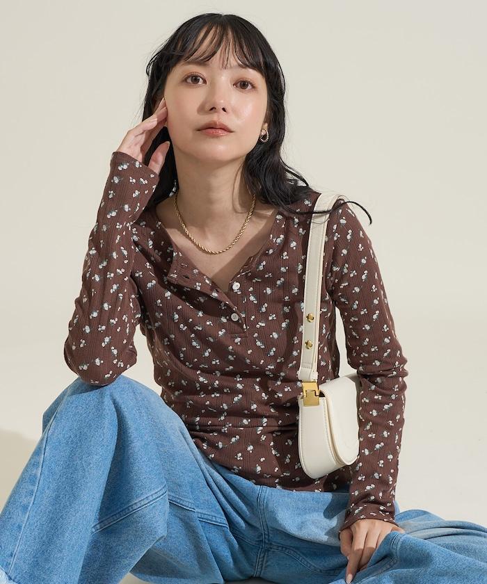 花卉圖案針織亨利領長袖上衣