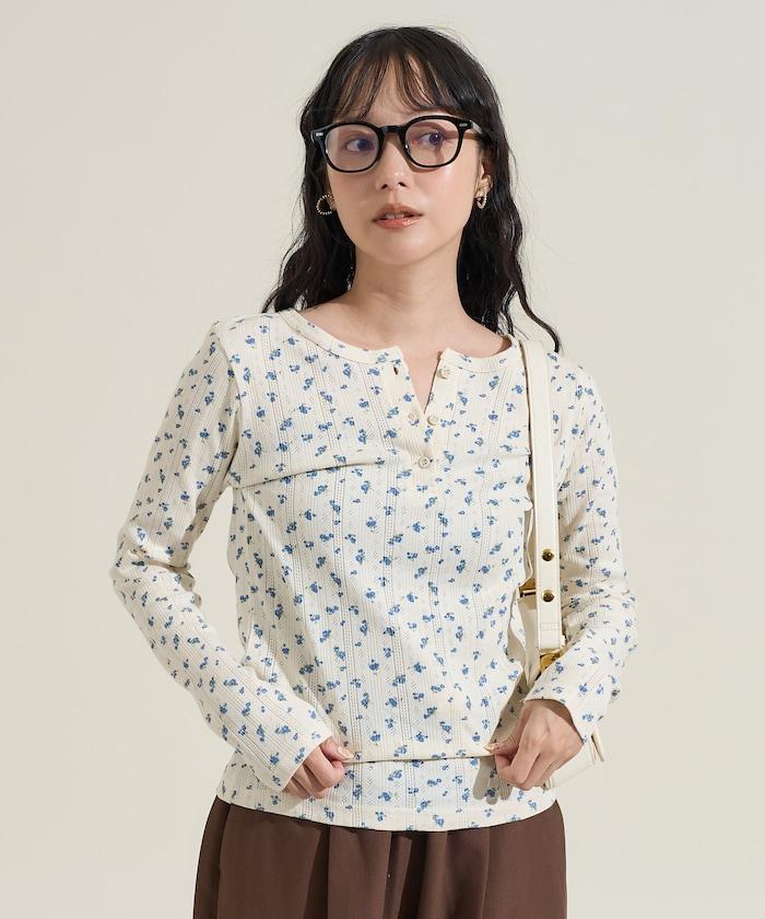 花卉圖案針織亨利領長袖上衣