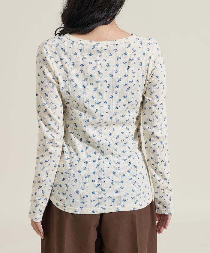 花卉圖案針織亨利領長袖上衣