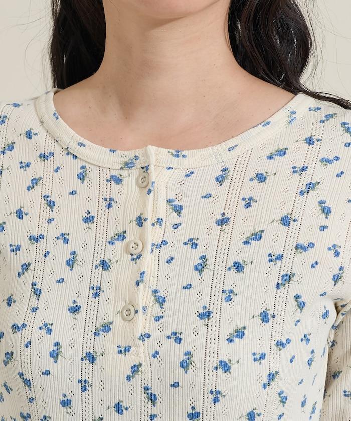 花卉圖案針織亨利領長袖上衣