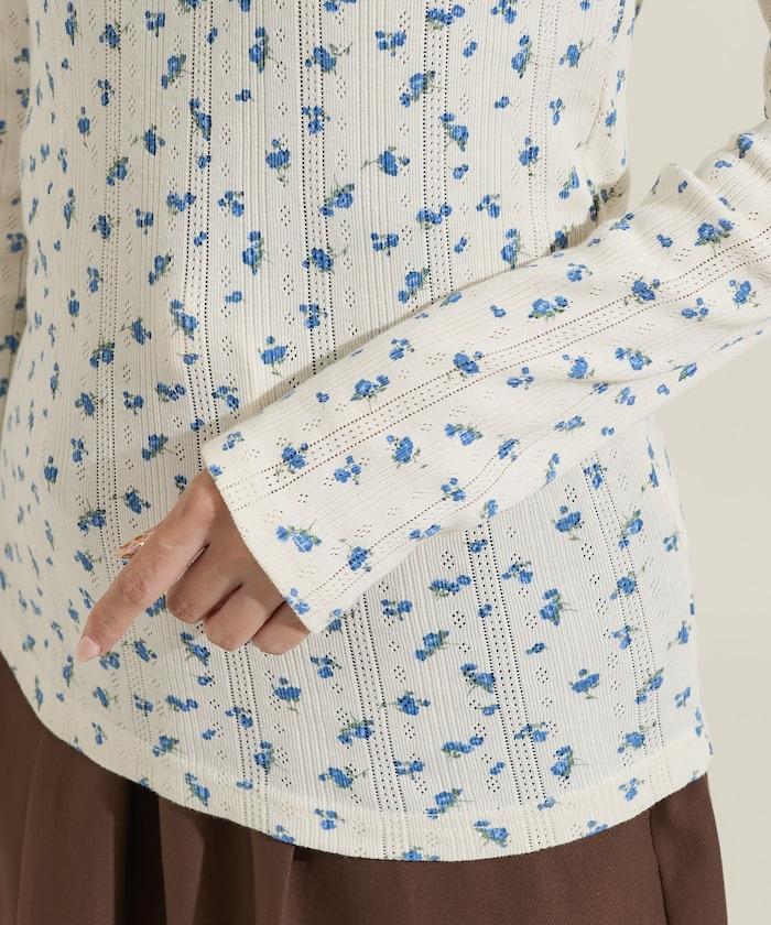 花卉圖案針織亨利領長袖上衣