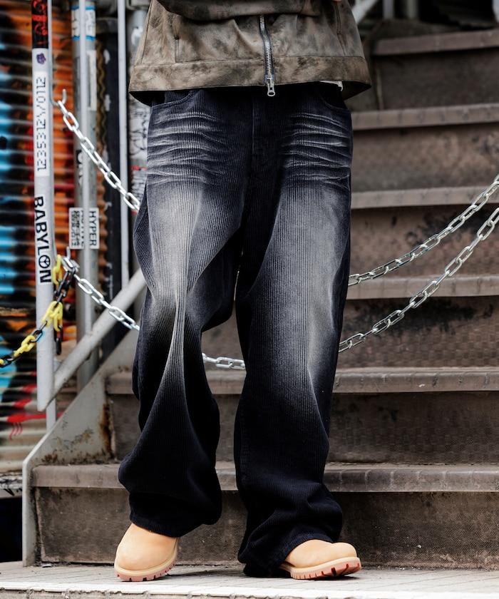 復古水洗燈芯絨寬鬆直筒褲