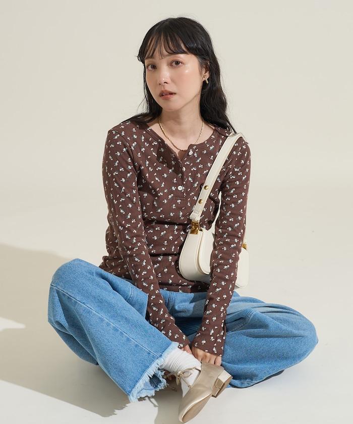 花卉圖案針織亨利領長袖上衣