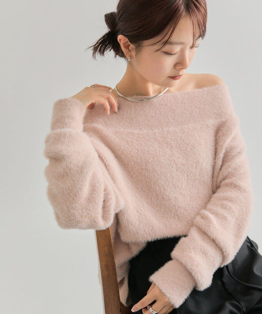 仿貂絨寬領針織衫