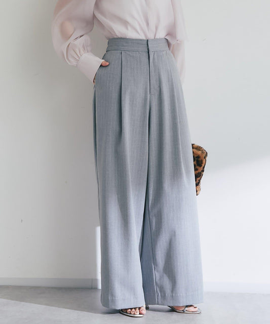 【可成套搭配・修飾美腿】條紋寬腿褲