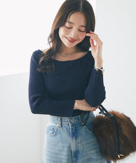 【百搭顯瘦】亮片羅紋一字肩八分袖針織衫
