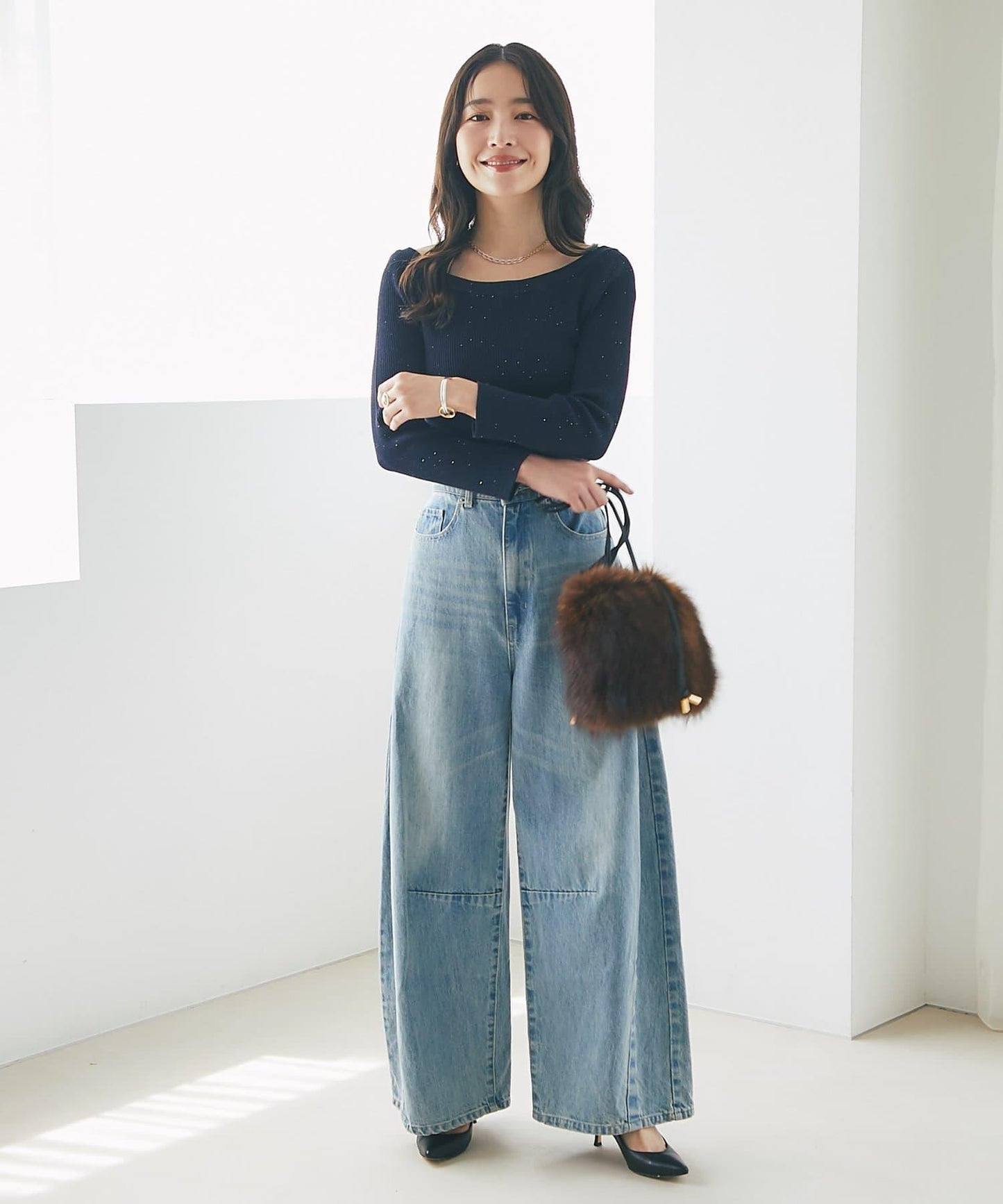 【百搭顯瘦】亮片羅紋一字肩八分袖針織衫