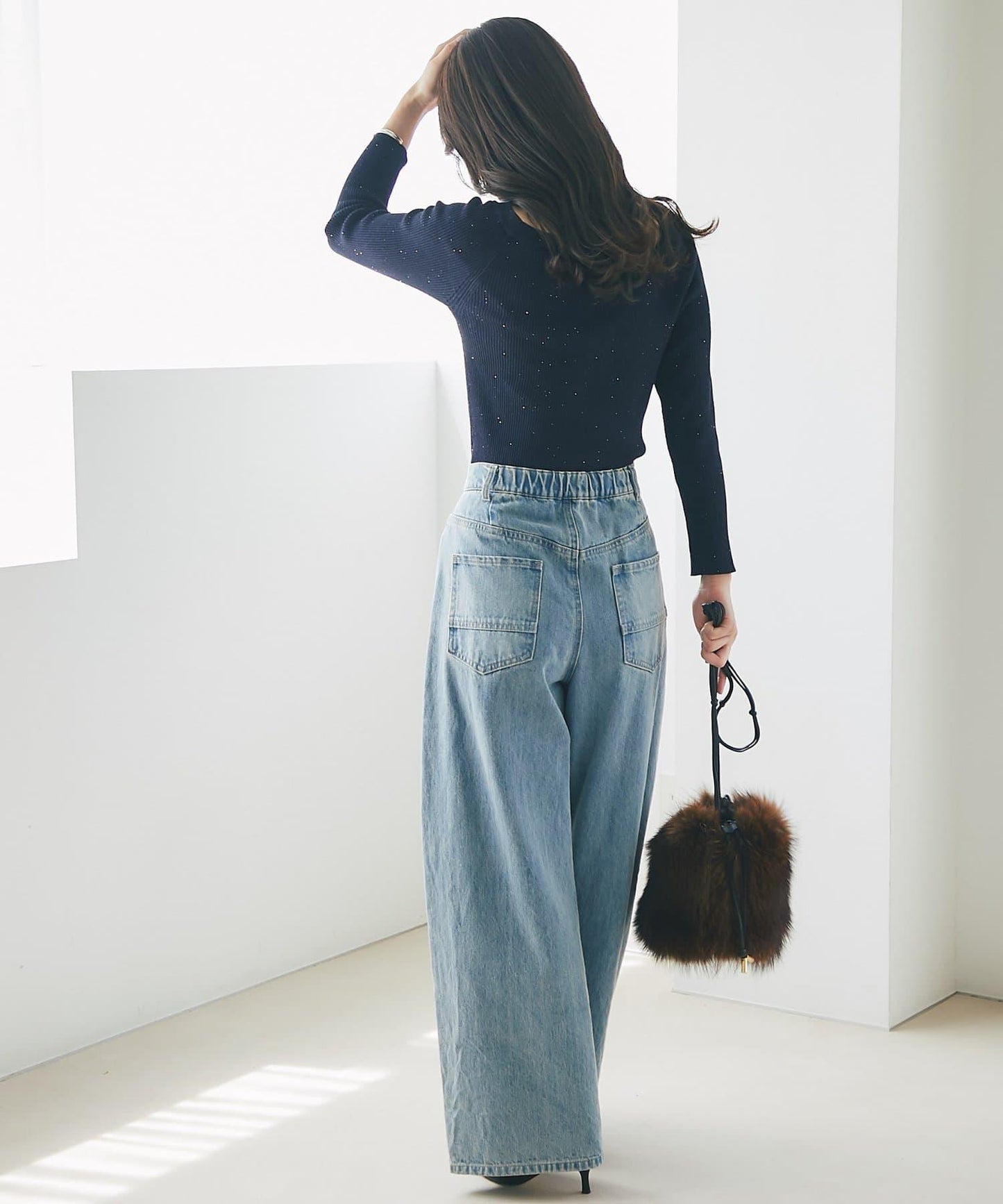 【百搭顯瘦】亮片羅紋一字肩八分袖針織衫