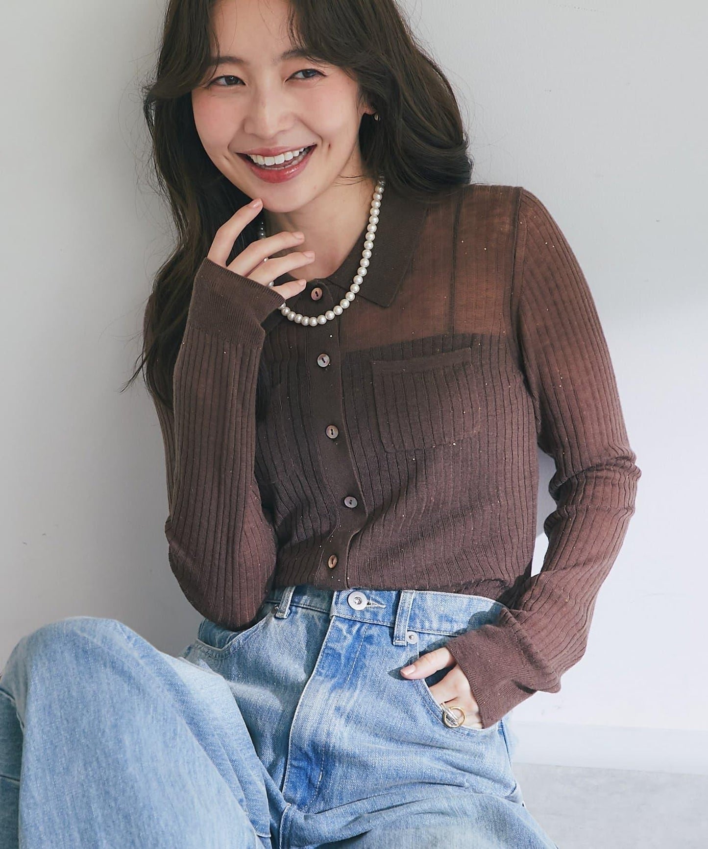 【成熟感透視針織衫】透視亮片翻領羅紋針織衫