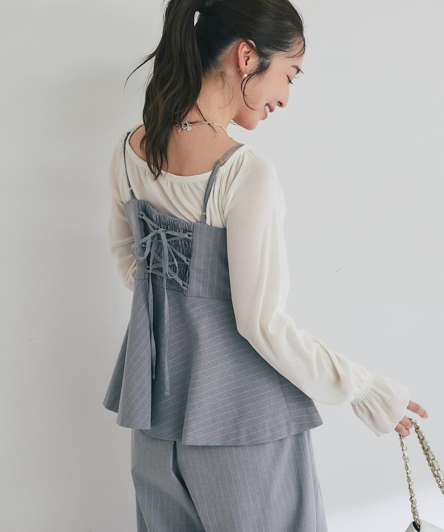 【可成套穿搭・顯瘦搭配】條紋後繫帶吊帶