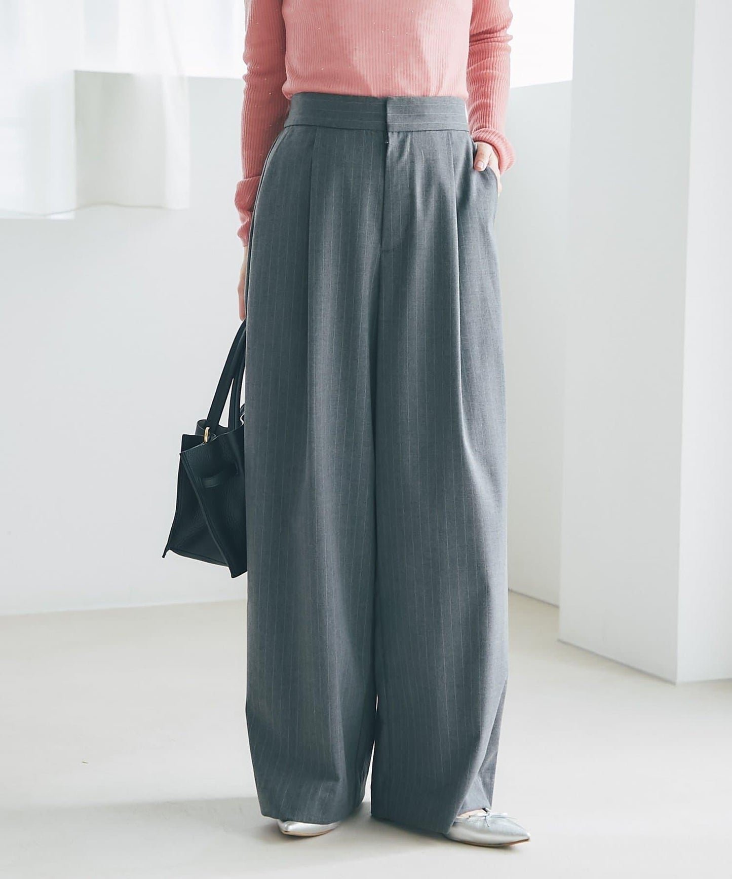 【可成套搭配・修飾美腿】條紋寬腿褲