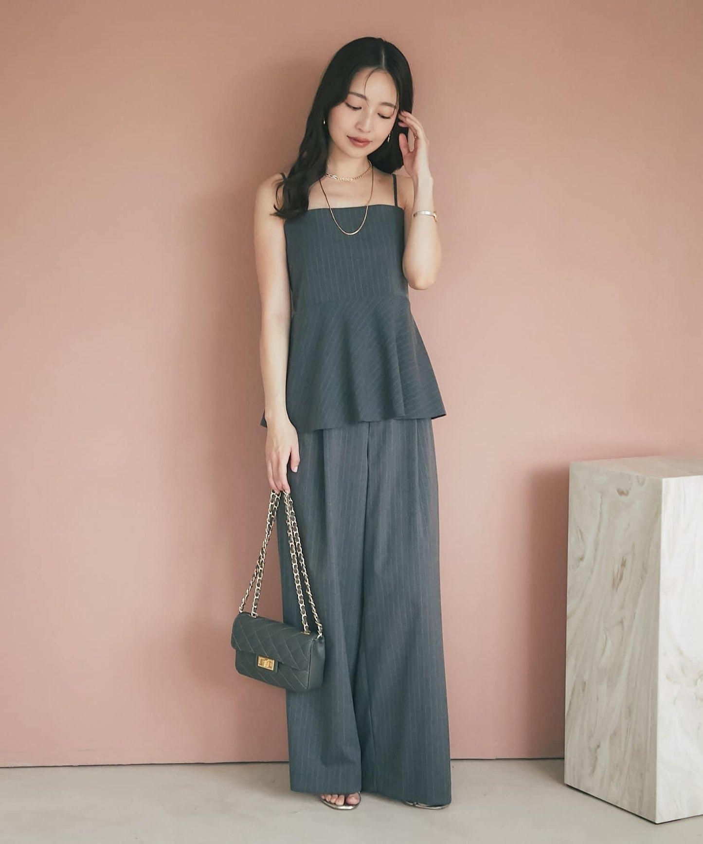 【可成套搭配・修飾美腿】條紋寬腿褲