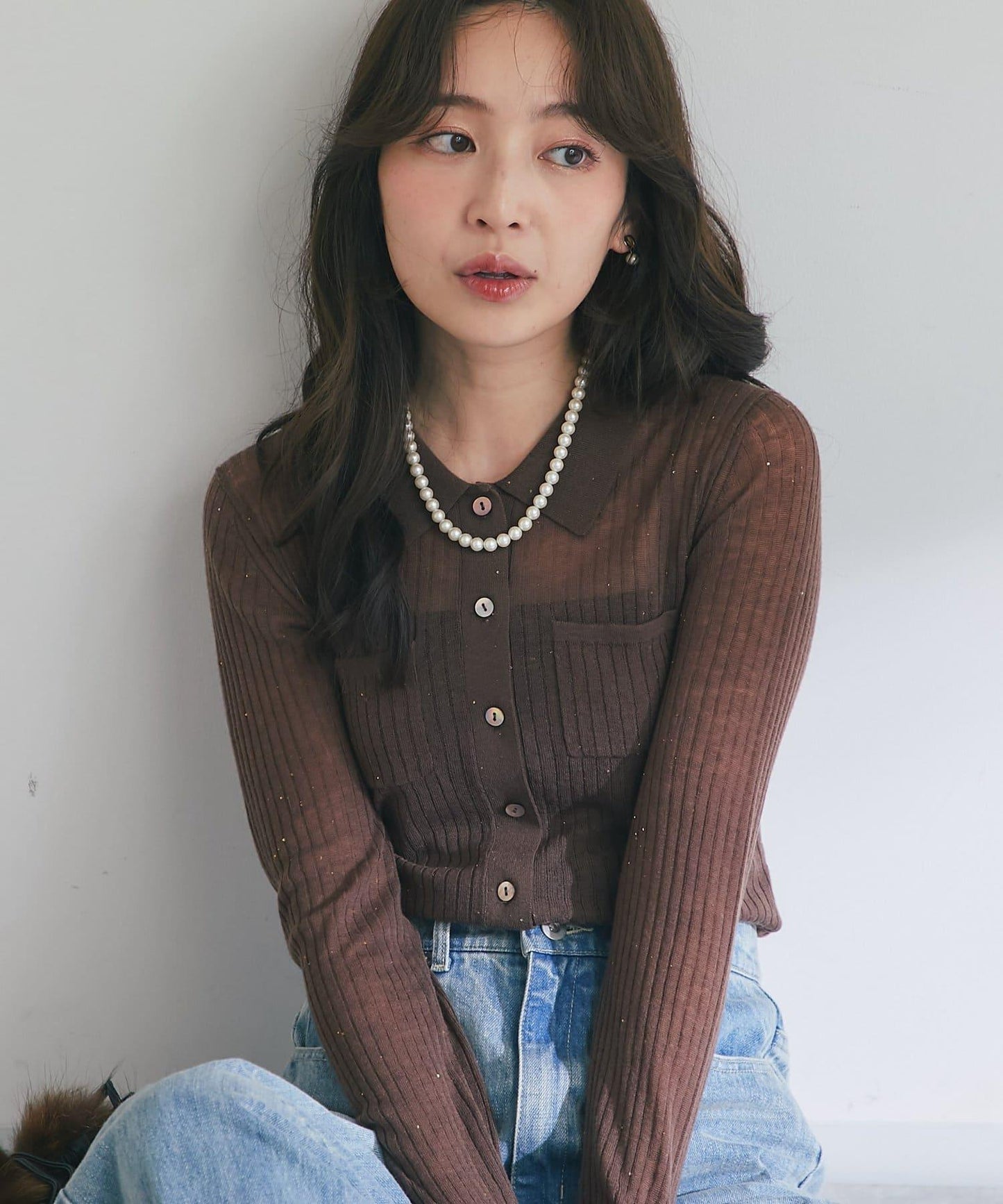 【成熟感透視針織衫】透視亮片翻領羅紋針織衫