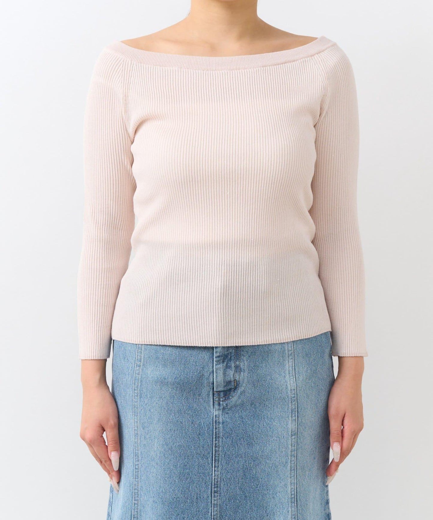 【百搭顯瘦】亮片羅紋一字肩八分袖針織衫