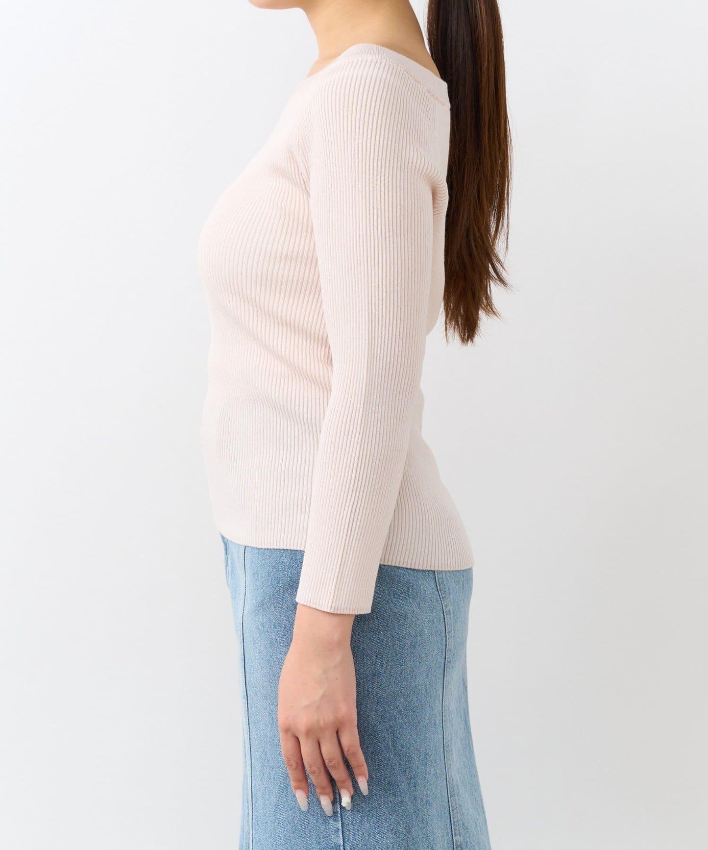 【百搭顯瘦】亮片羅紋一字肩八分袖針織衫