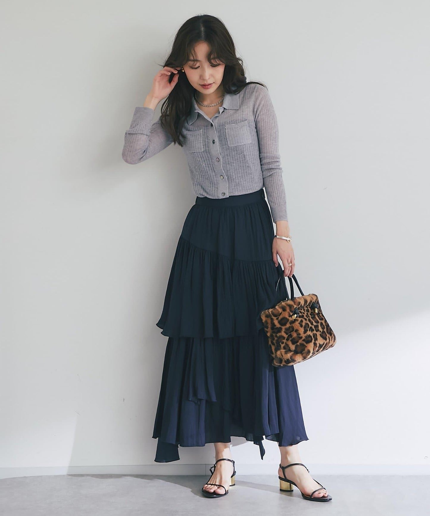 【成熟感透視針織衫】透視亮片翻領羅紋針織衫