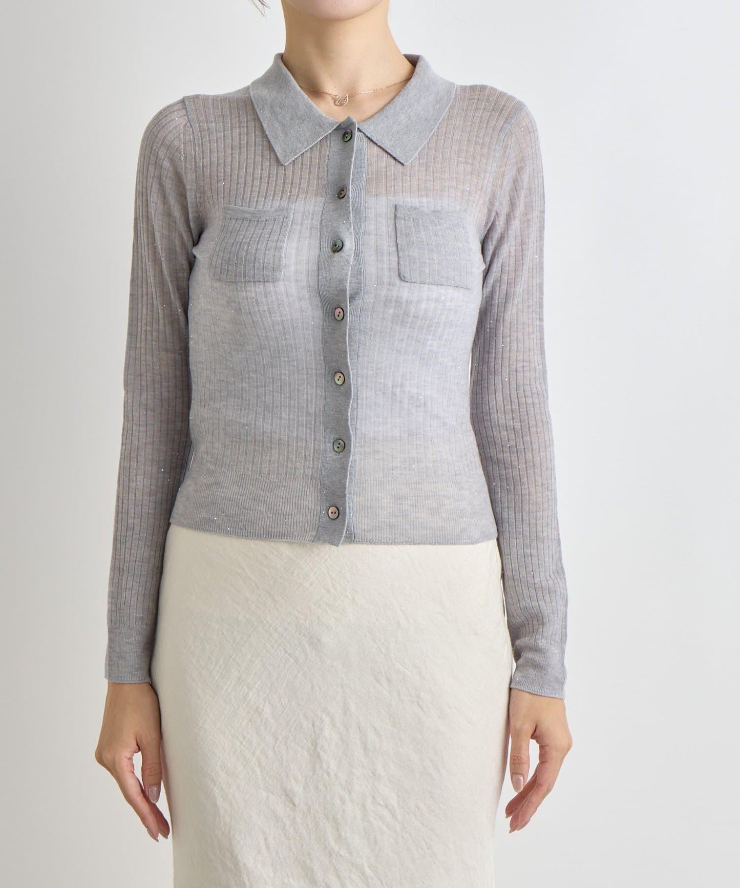 【成熟感透視針織衫】透視亮片翻領羅紋針織衫