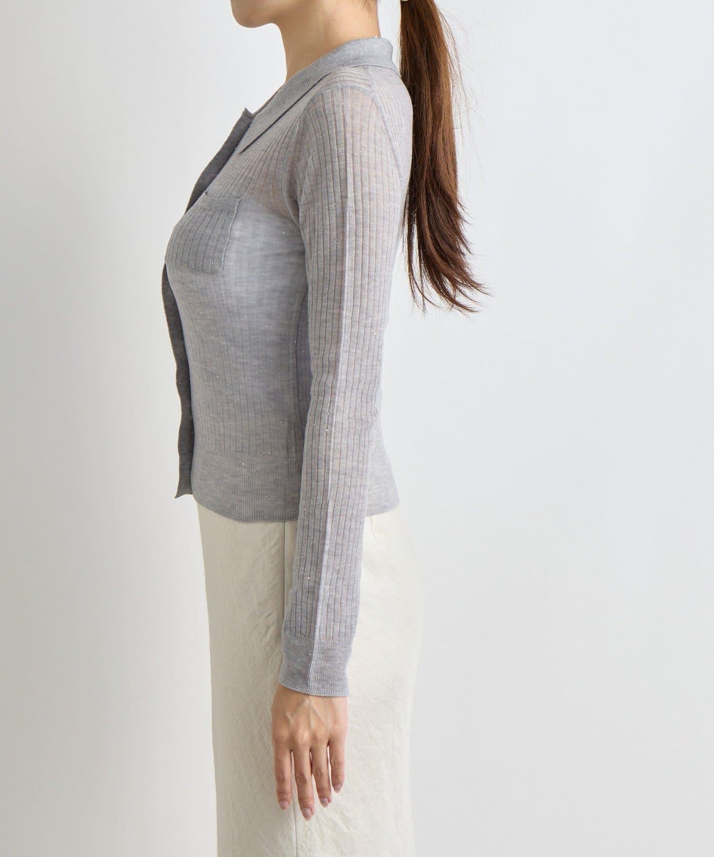 【成熟感透視針織衫】透視亮片翻領羅紋針織衫