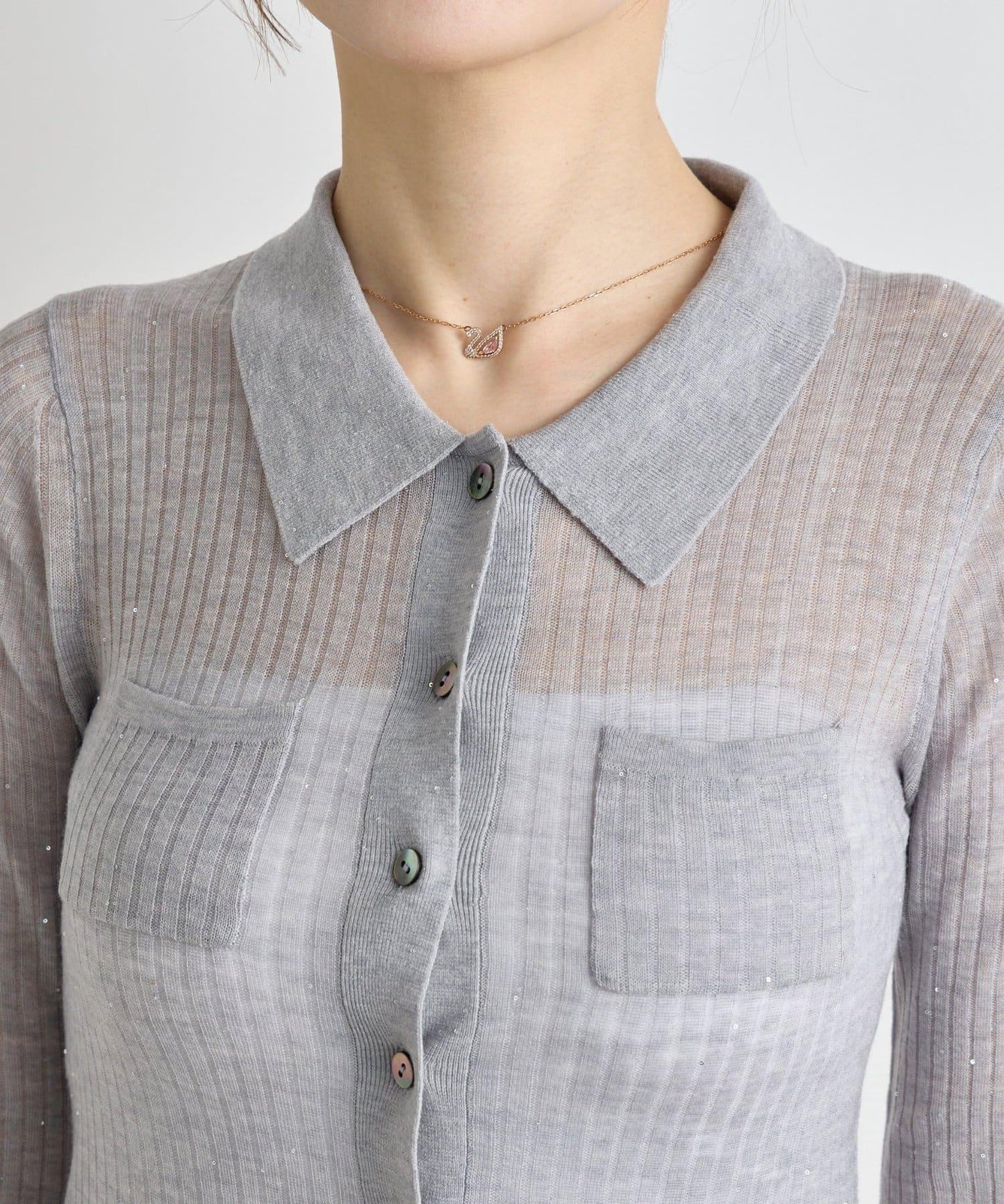 【成熟感透視針織衫】透視亮片翻領羅紋針織衫