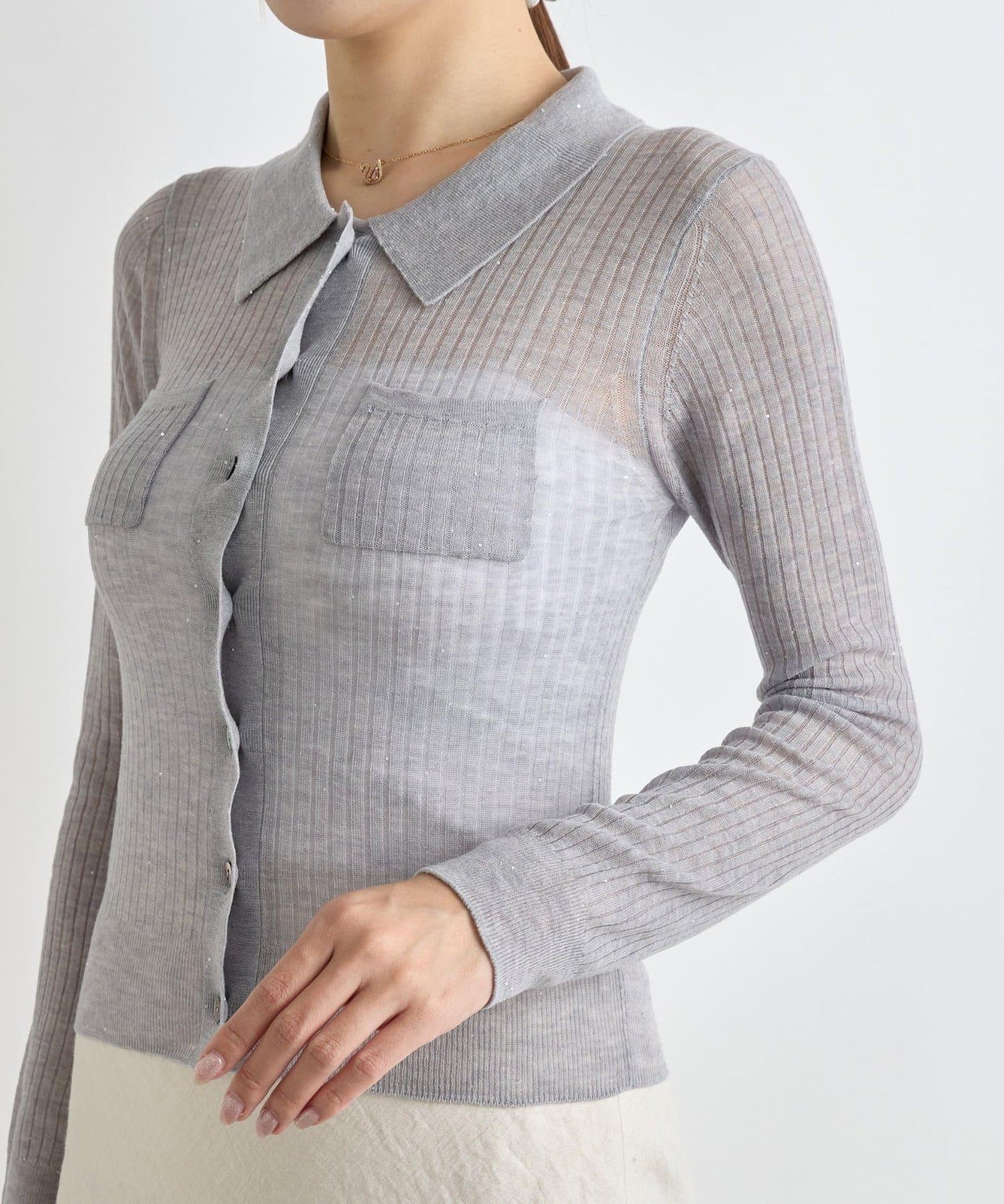 【成熟感透視針織衫】透視亮片翻領羅紋針織衫