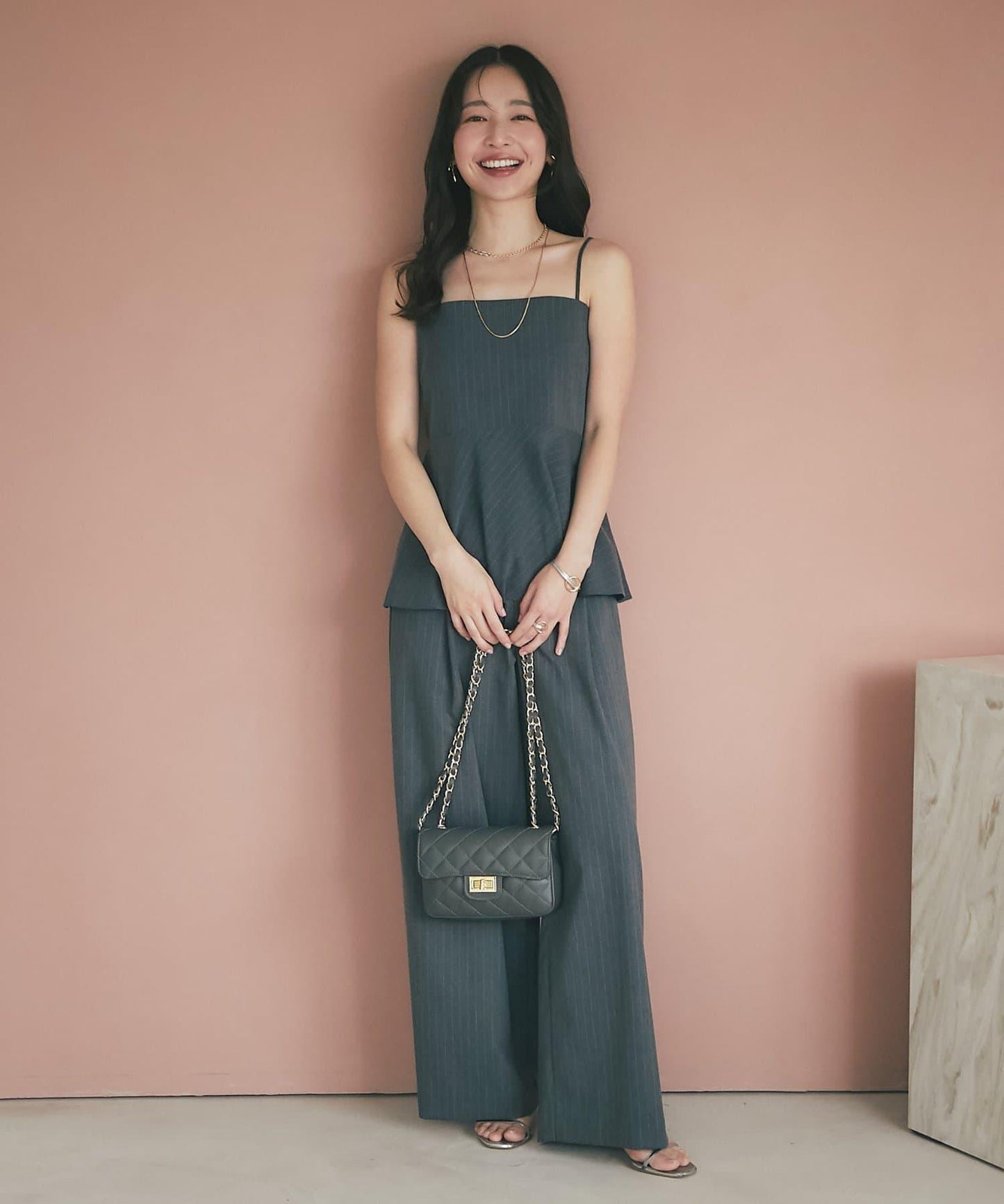 【可成套穿搭・顯瘦搭配】條紋後繫帶吊帶