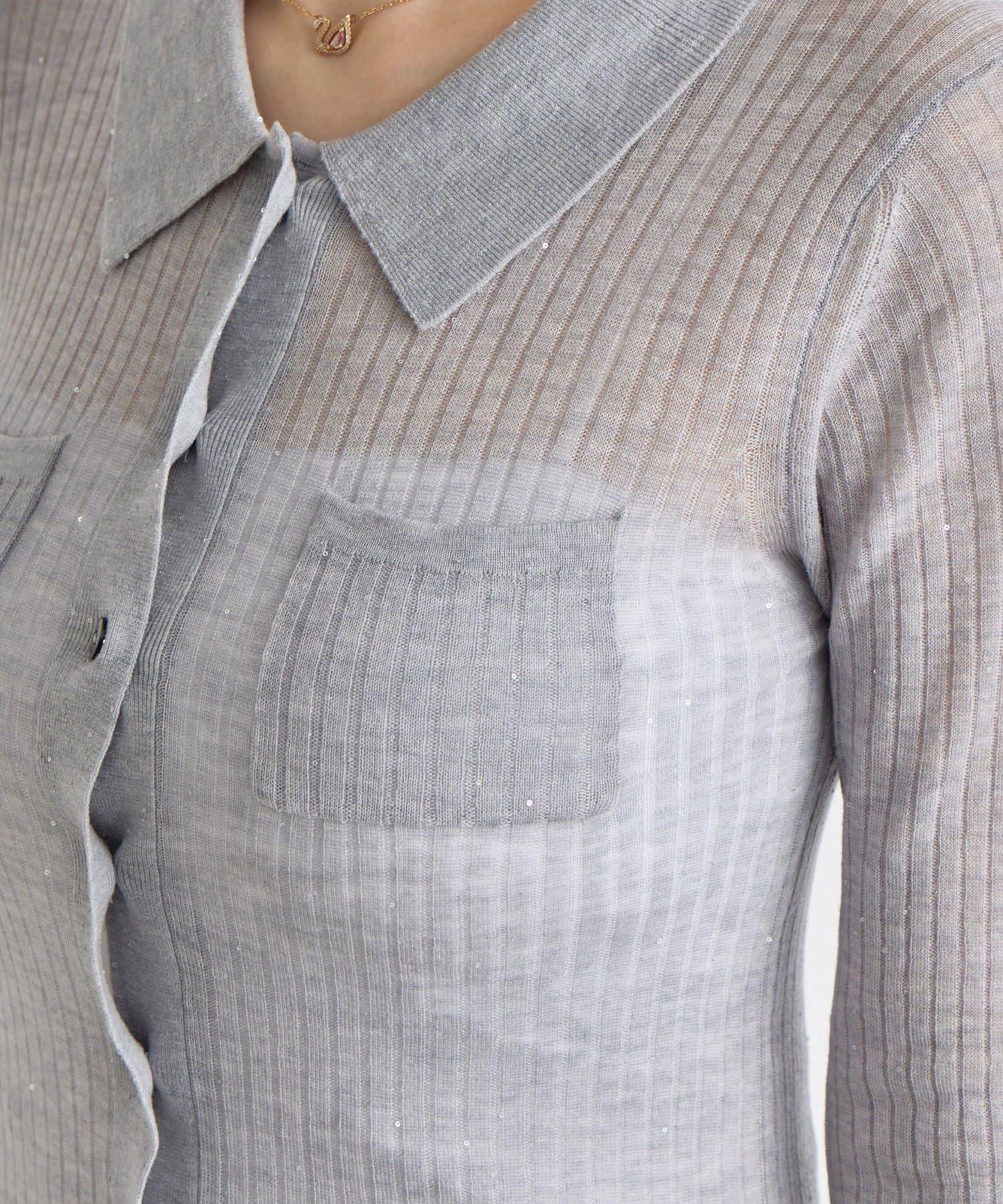 【成熟感透視針織衫】透視亮片翻領羅紋針織衫