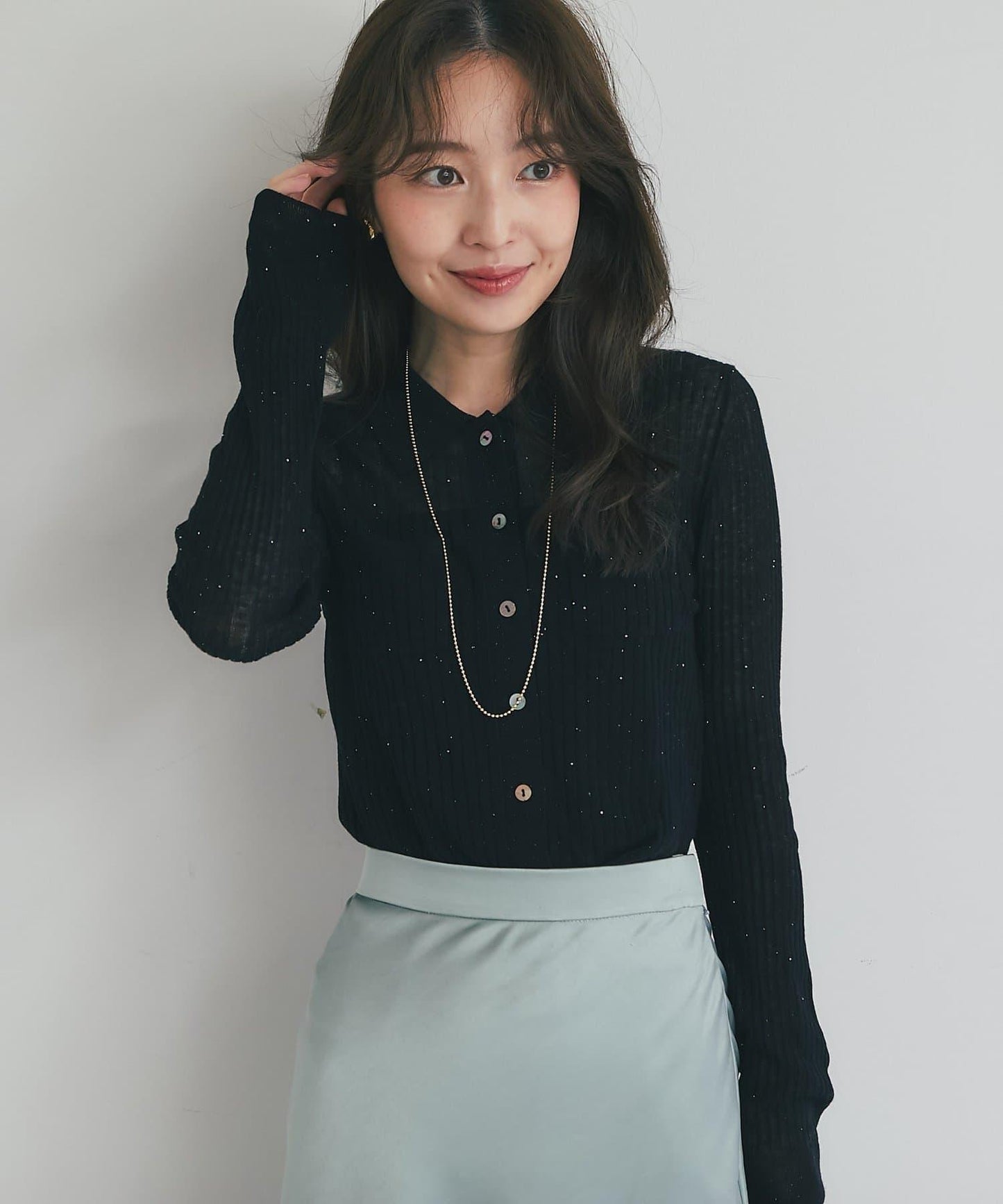 【成熟感透視針織衫】透視亮片翻領羅紋針織衫