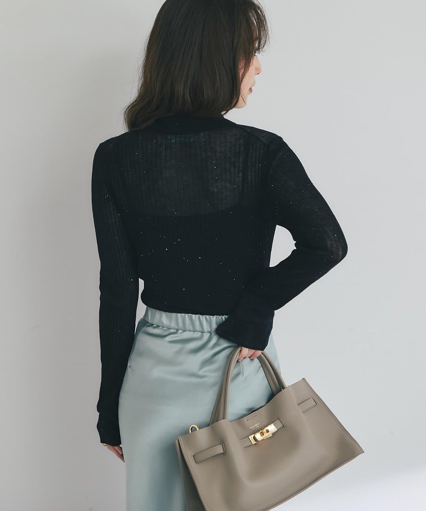 【成熟感透視針織衫】透視亮片翻領羅紋針織衫