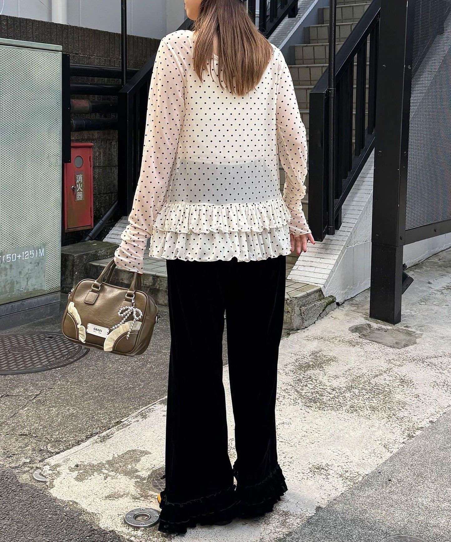 透視植絨荷葉邊休閒褲