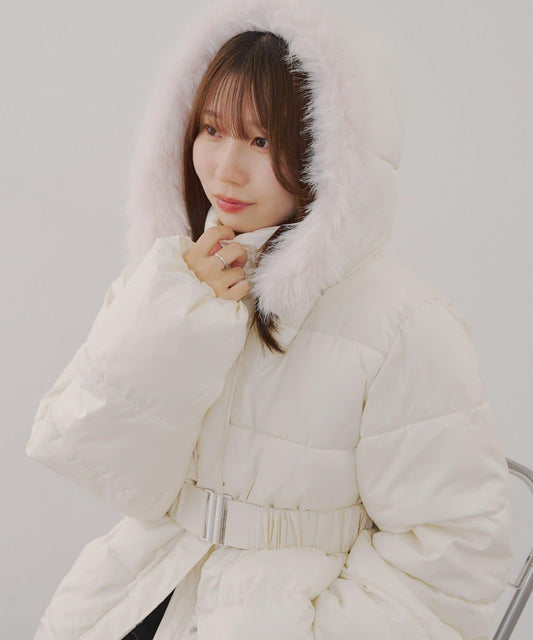 帶腰帶中棉連帽毛領大衣