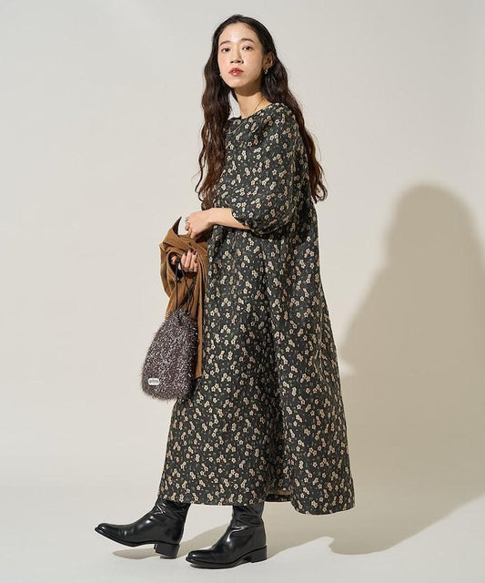 花卉提花後系蝴蝶結長款連衣裙