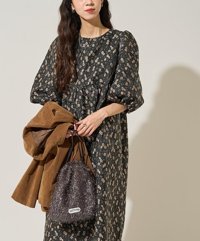 花卉提花後系蝴蝶結長款連衣裙