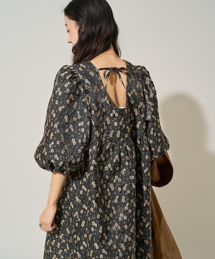 花卉提花後系蝴蝶結長款連衣裙