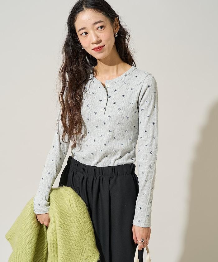 蝴蝶結圖案針織亨利領長袖T恤