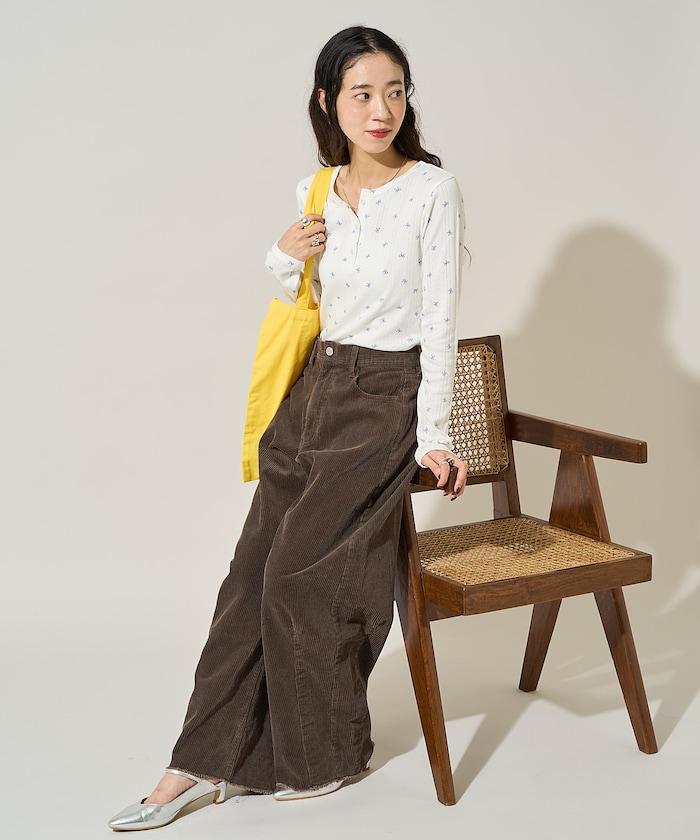 蝴蝶結圖案針織亨利領長袖T恤